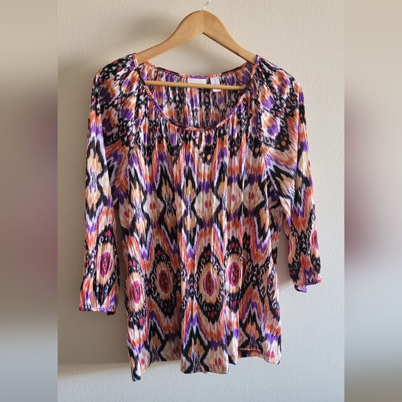 Chico's Blousy Patterned Scoopneck Top, Women's XL, Orange, Purple & Black - Picture 1 of 8